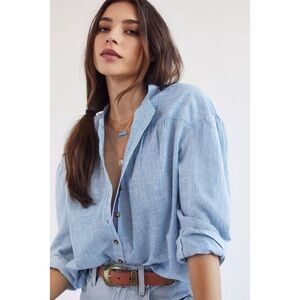 Anthropologie Pilcro Peasant Railroad Stripe Button Down Boho Shirt Sz XS